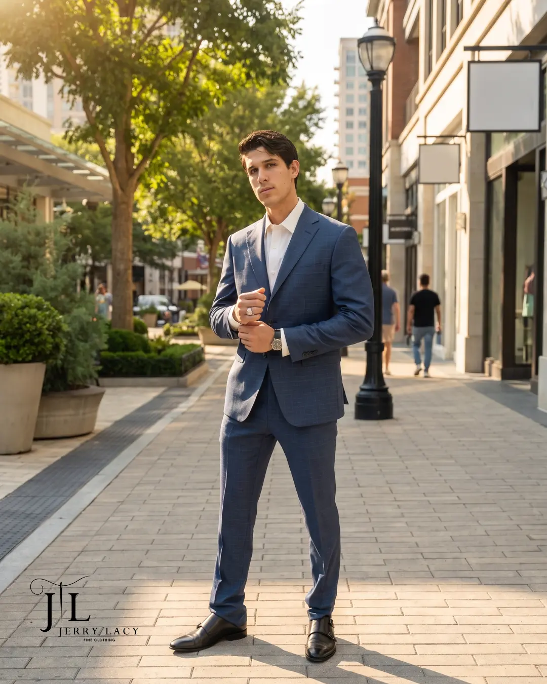 Mid-blue suit in golden afternoon light