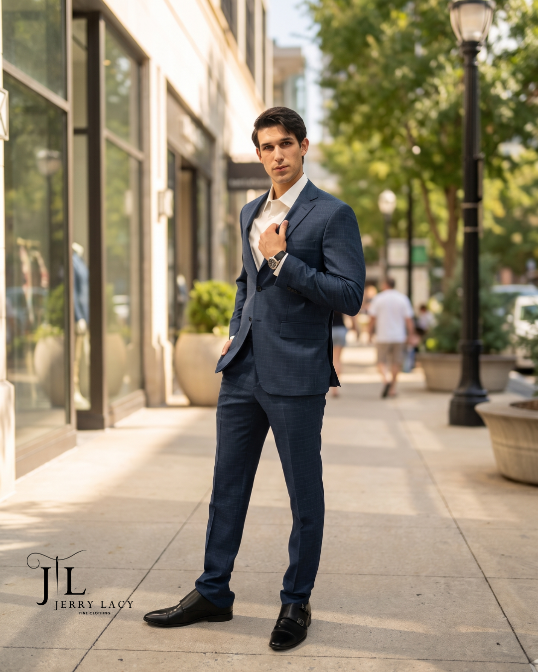 Navy checked suit with white shirt, front view