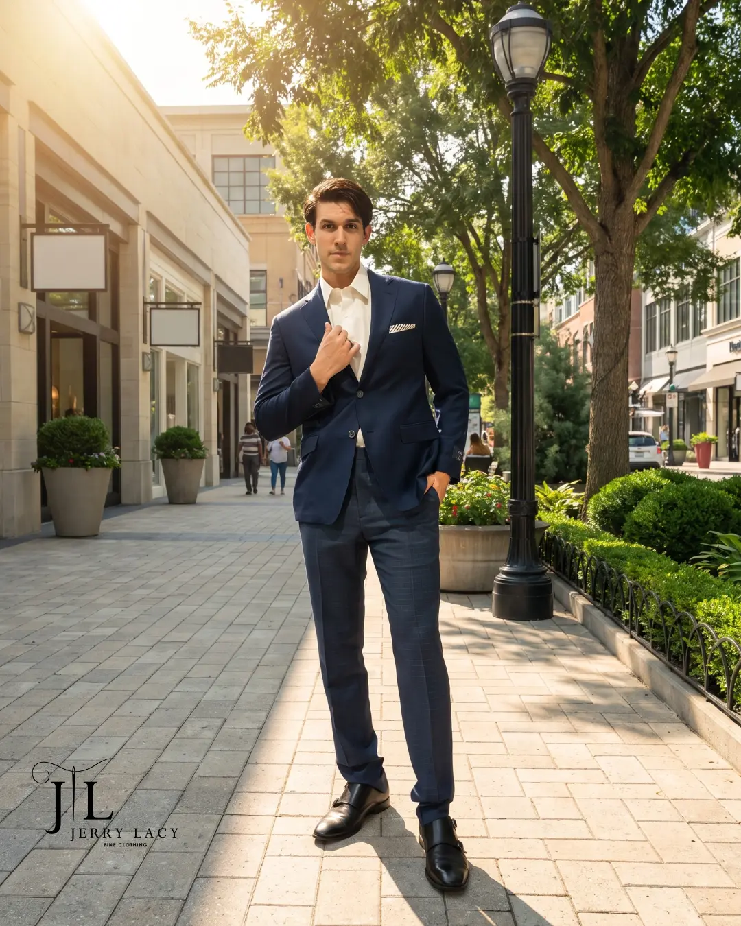 Client in a navy Jerry Lacy suit on a Buckhead sidewalk