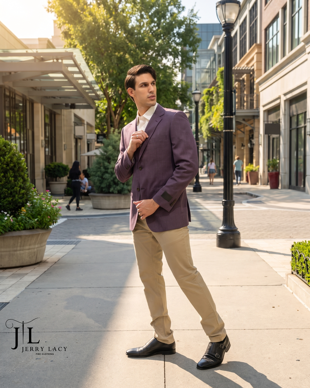 Purple sport coat with khakis and black monk straps