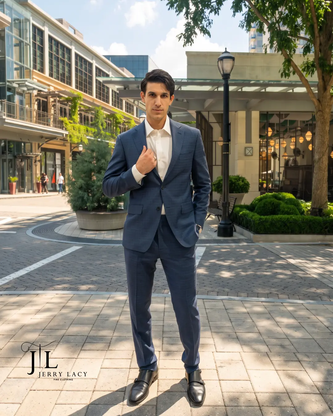 Blue windowpane suit with monk-strap shoes