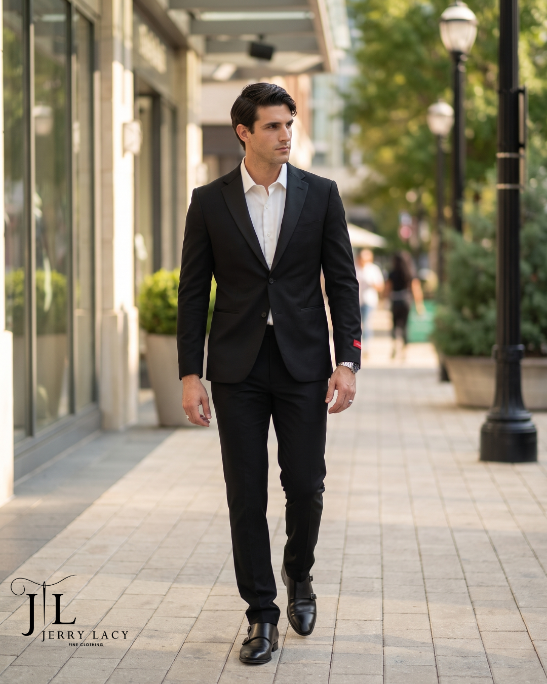 Black dinner suit with peak lapels, walking