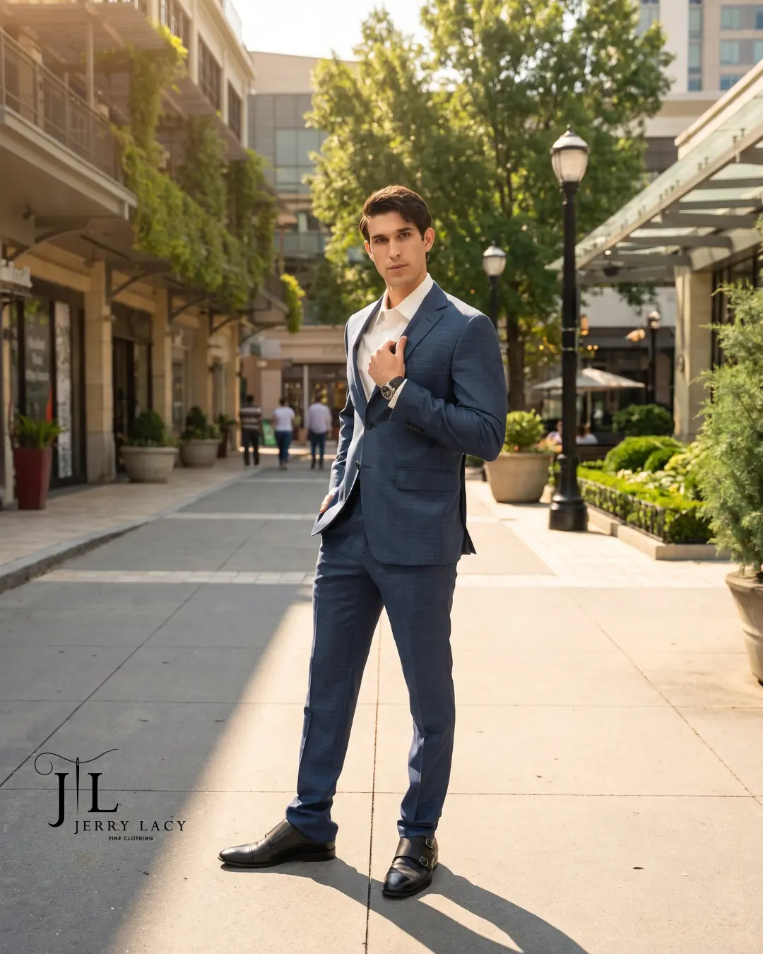 Navy suit and open collar shirt in Buckhead village
