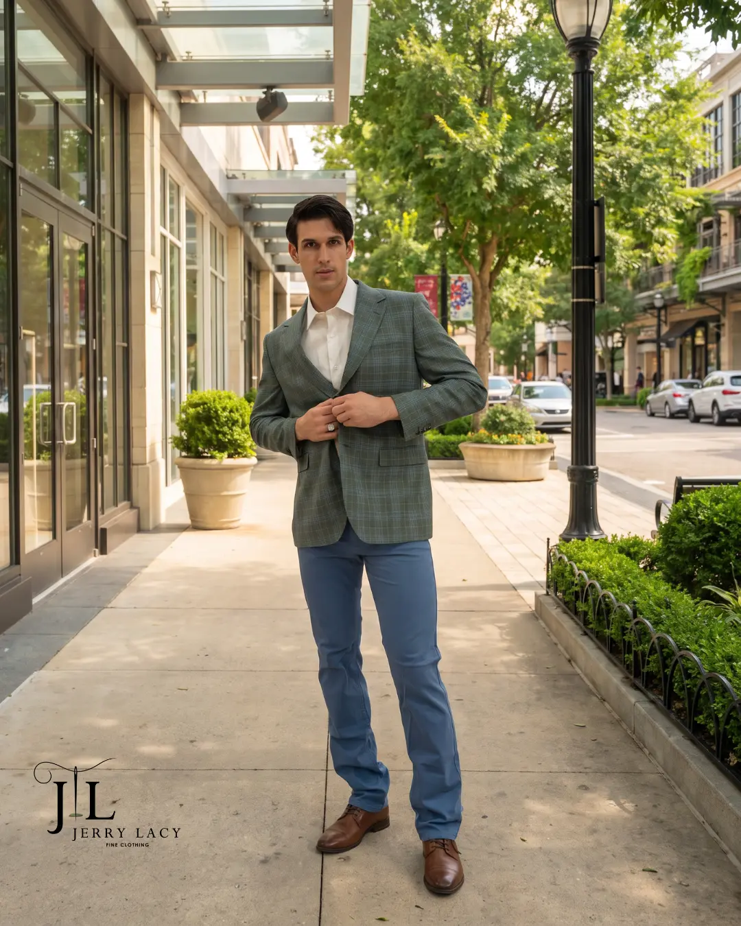 Green checked sport coat with blue trousers