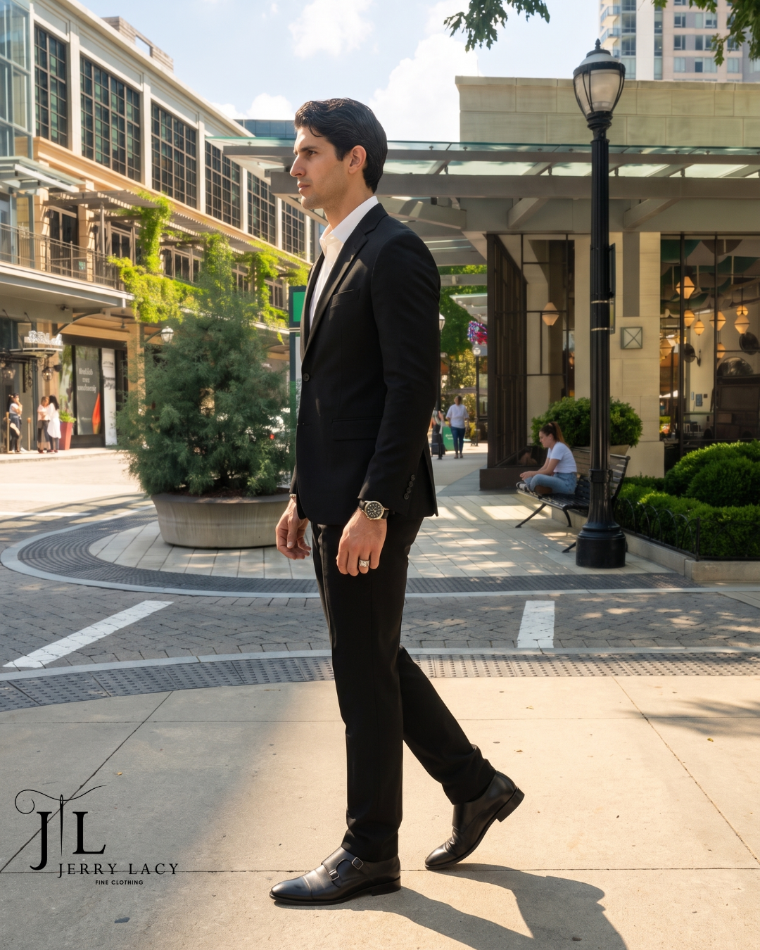 Black suit and white shirt, walking in Buckhead