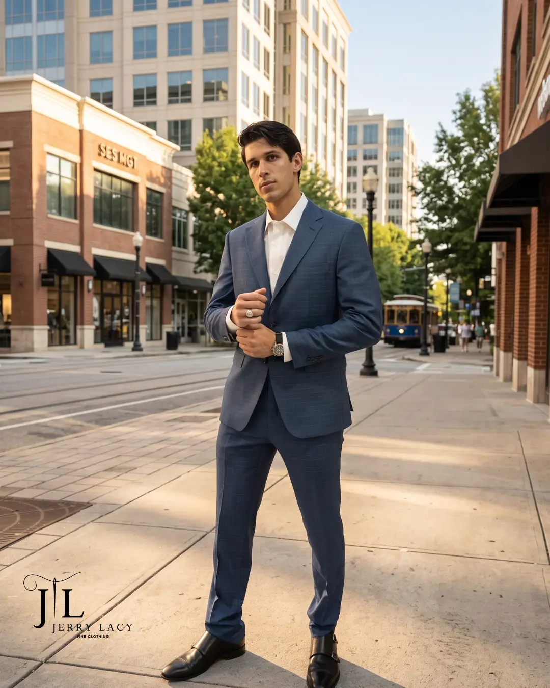 Blue suit with white dress shirt, streetside