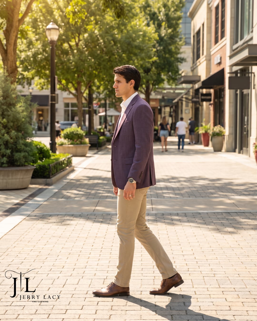 Purple sport coat with khaki trousers, side profile