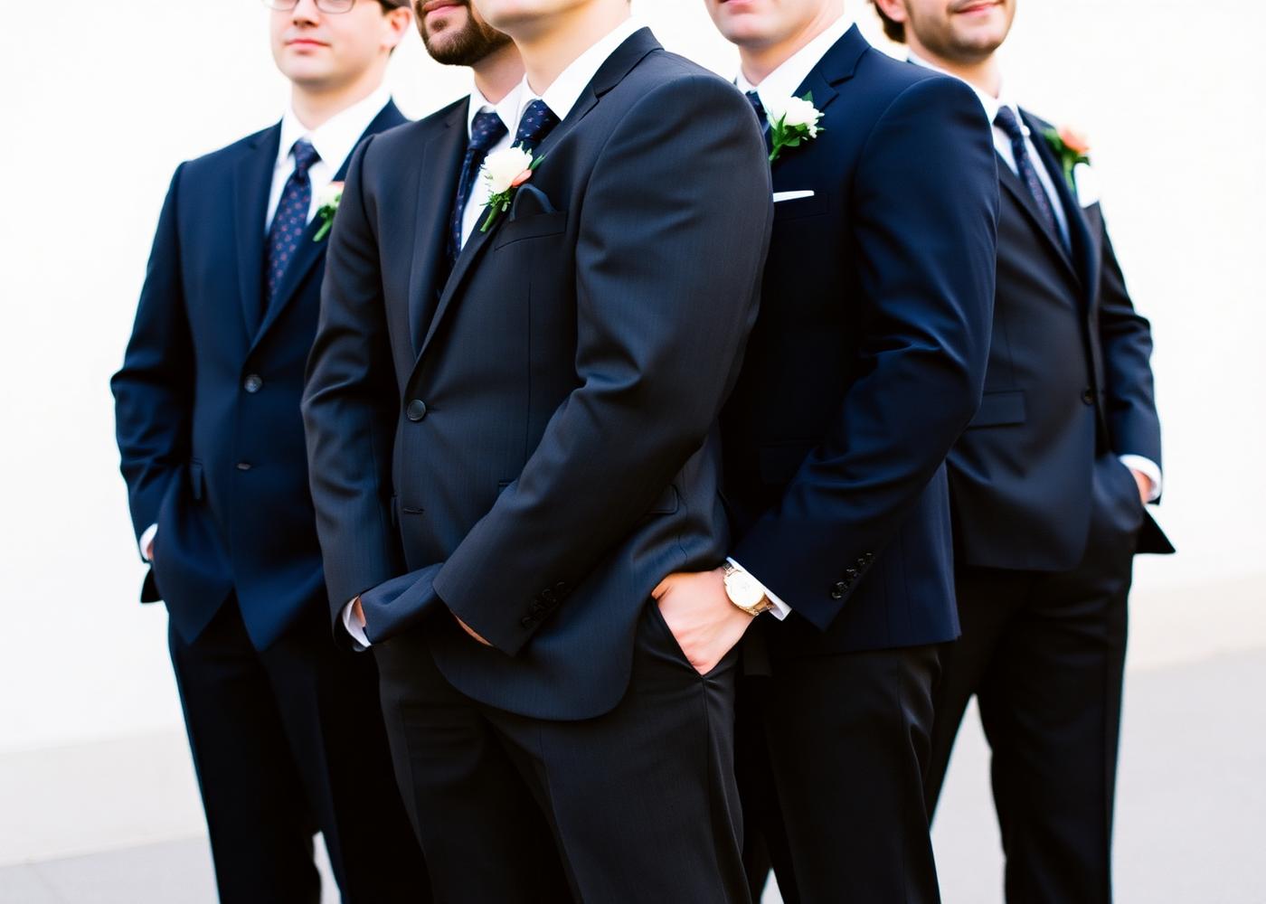 Groom and groomsmen in coordinated navy custom suits